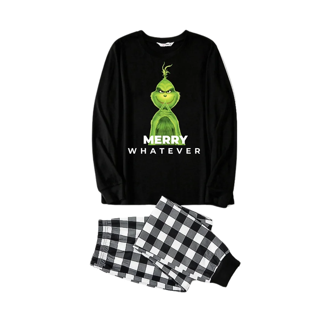 Cute Cartoon Pattern and "Merry Whatever" Slogan Printed Black and White Plaid Family Matching Pajamas