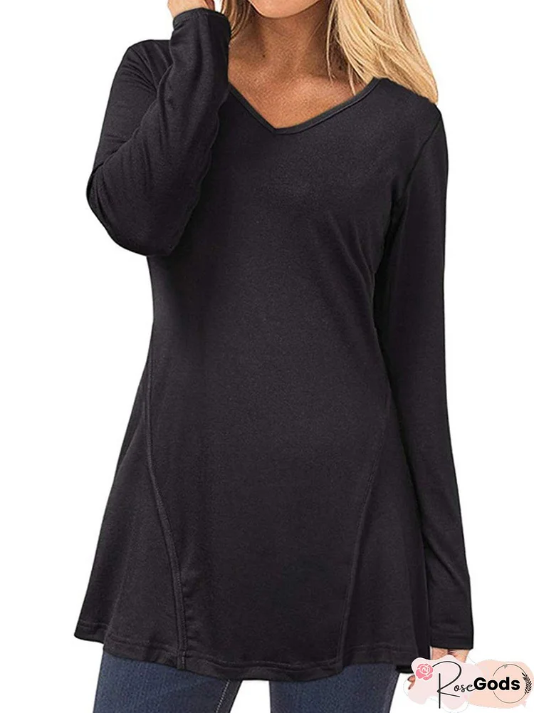 V Neck Plain Long Sleeve Cotton-Blend Top