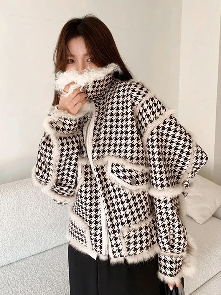Uveng 2023 Autumn Winter Faux Lamb Fur Sheepskin Coat Plaid Granular Sheep Shearing Jacket Female Casual Warm Outerwear