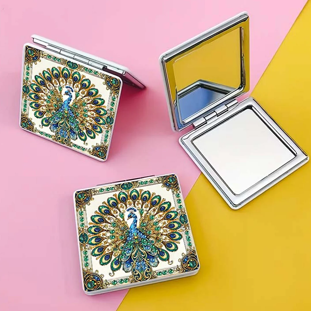 Green Peacock DIY Special Shaped Diamond Painting Compact Mirror Kits Diamond Art Painting Pocket Mirror for Adults and Beginners