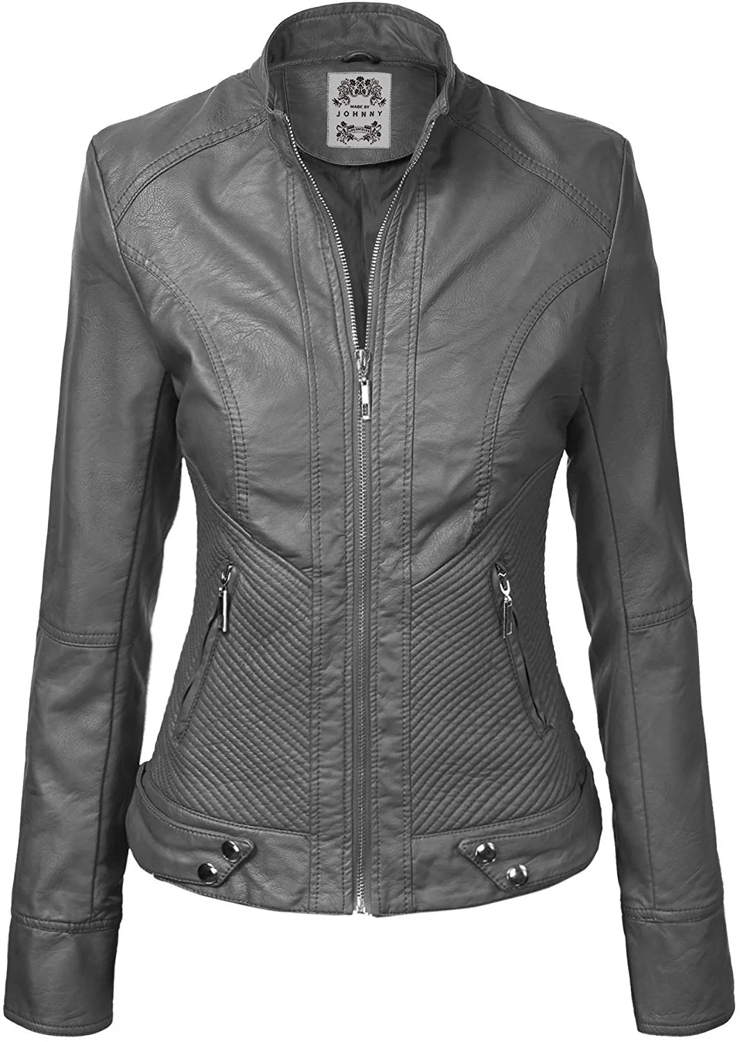 Womens Faux Leather Zip Up Moto Biker Jacket with Stitching Detail