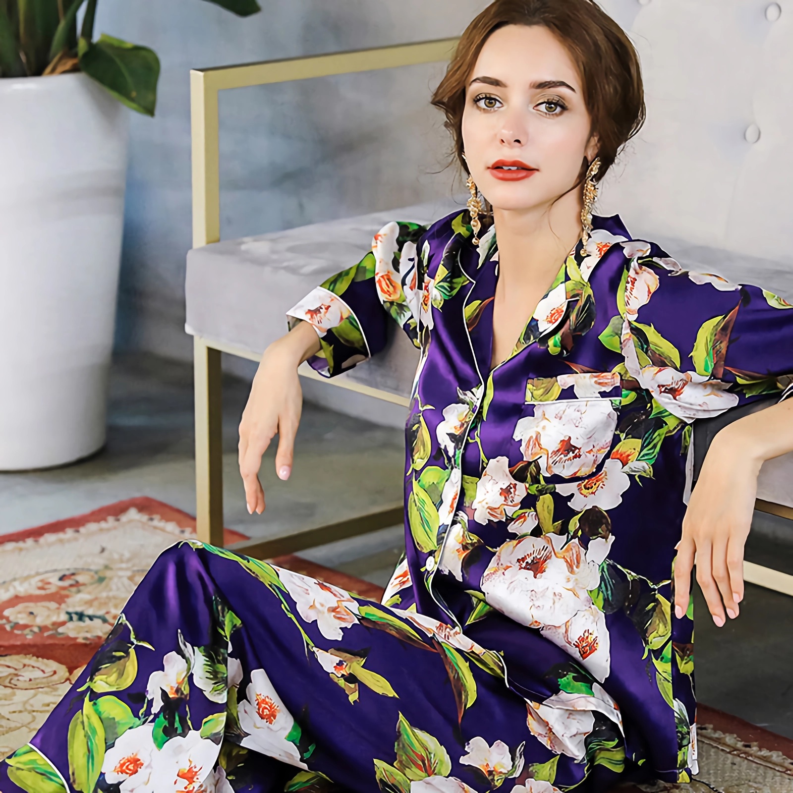 Women's Floral Silk Pajama Set REAL SILK LIFE