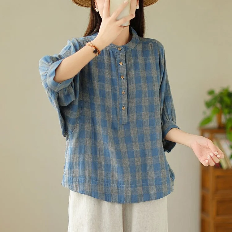 Women Loose Casual Summer Plaid Blouse
