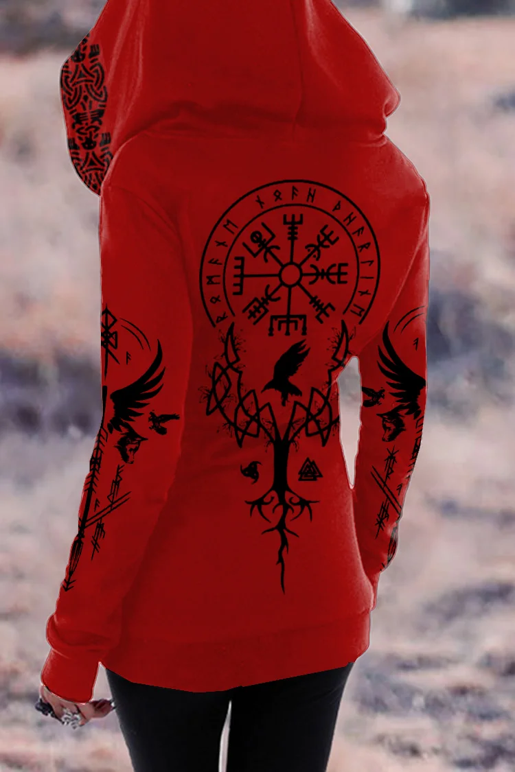 Tribal Viking Totem Contrast Print Zipper Hoodie