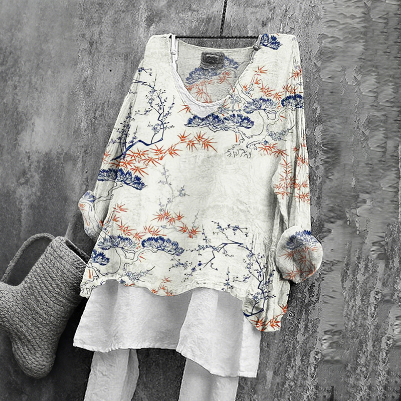 Comstylish Women's Japanese Floral Art Print V-neck Loose T-shirt