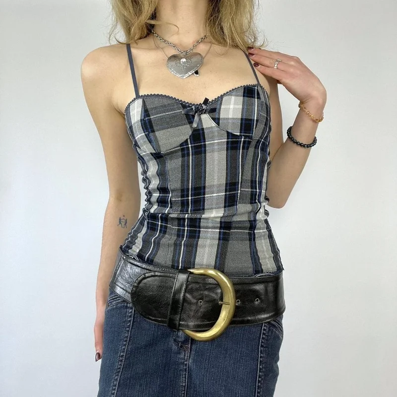 Uveng Uveng 2024 New Product Sexy Pure Desire Retro Grid Spell Color Slim Hot Girl Belt Vest Female