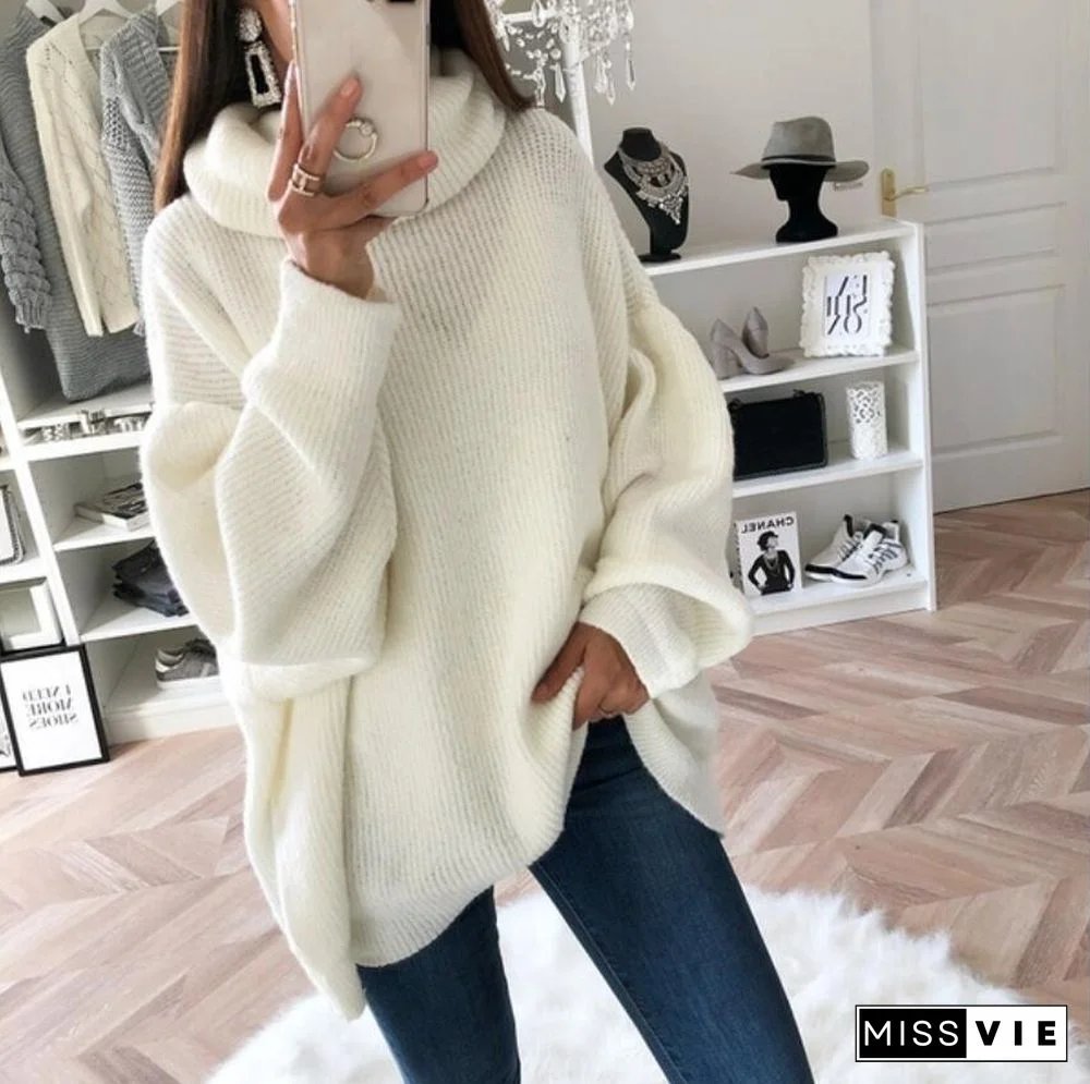 Solid Color Turtleneck Knit Top Sweater