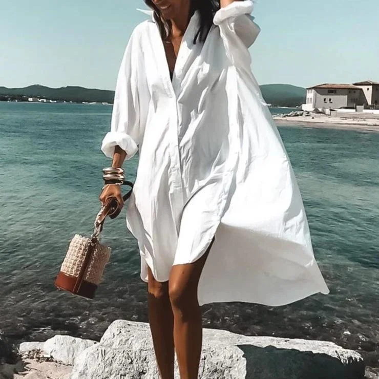Casual Printed Long Sleeve Shirt Dress