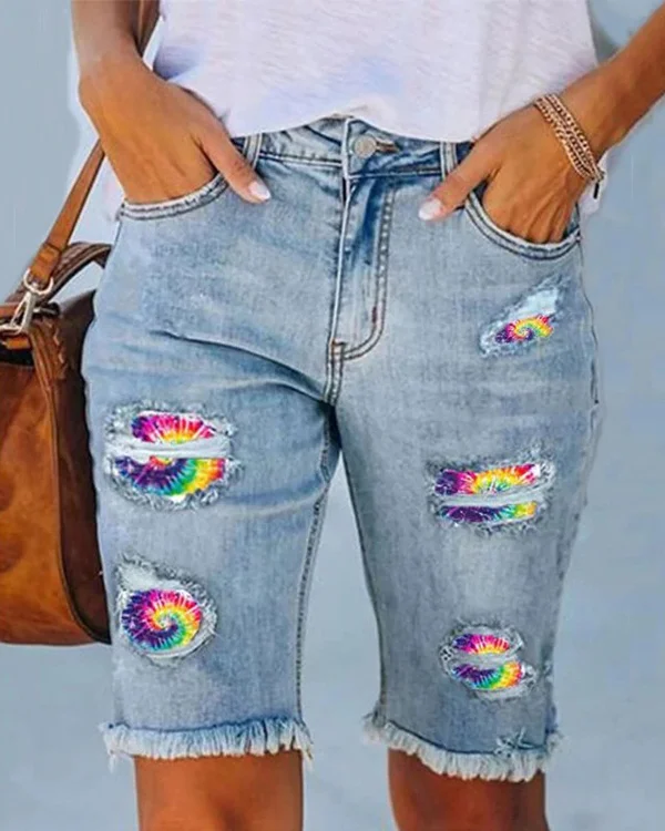 Tie Dye Distressed Denim Bermuda Shorts