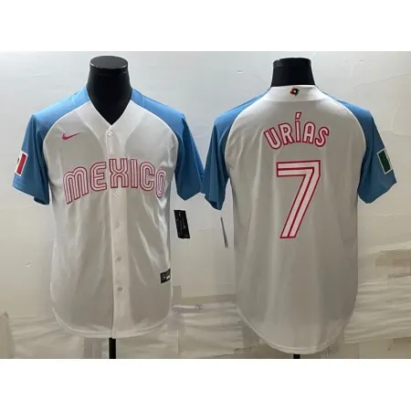 Men's Mexico Baseball #7 Julio Urias 2023 White Blue World Baseball Classic Stitched Jersey EI3G