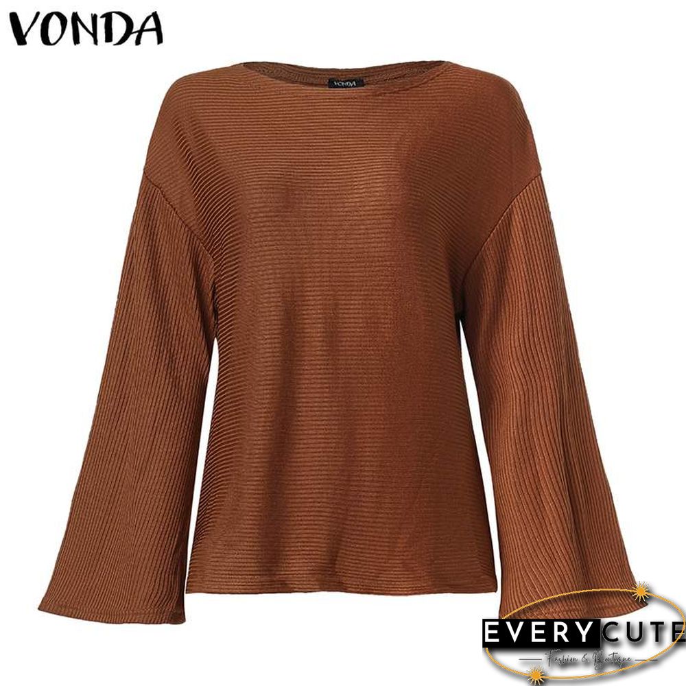 Vonda Woman Bell Sleeve Blouse Autumn Winter Loose Knitwear Tops Pullover Shirts Plus Size Bohemian Party Blusas 5Xl Tunics