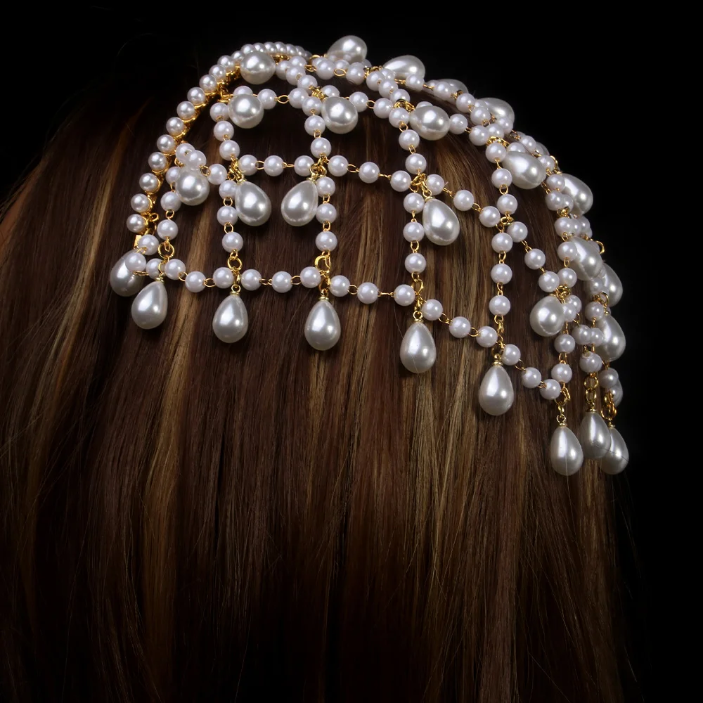 Vintage Bohemian Grid Pearl Headband Chain Hat Bridal Jewelry Tiara Headwear