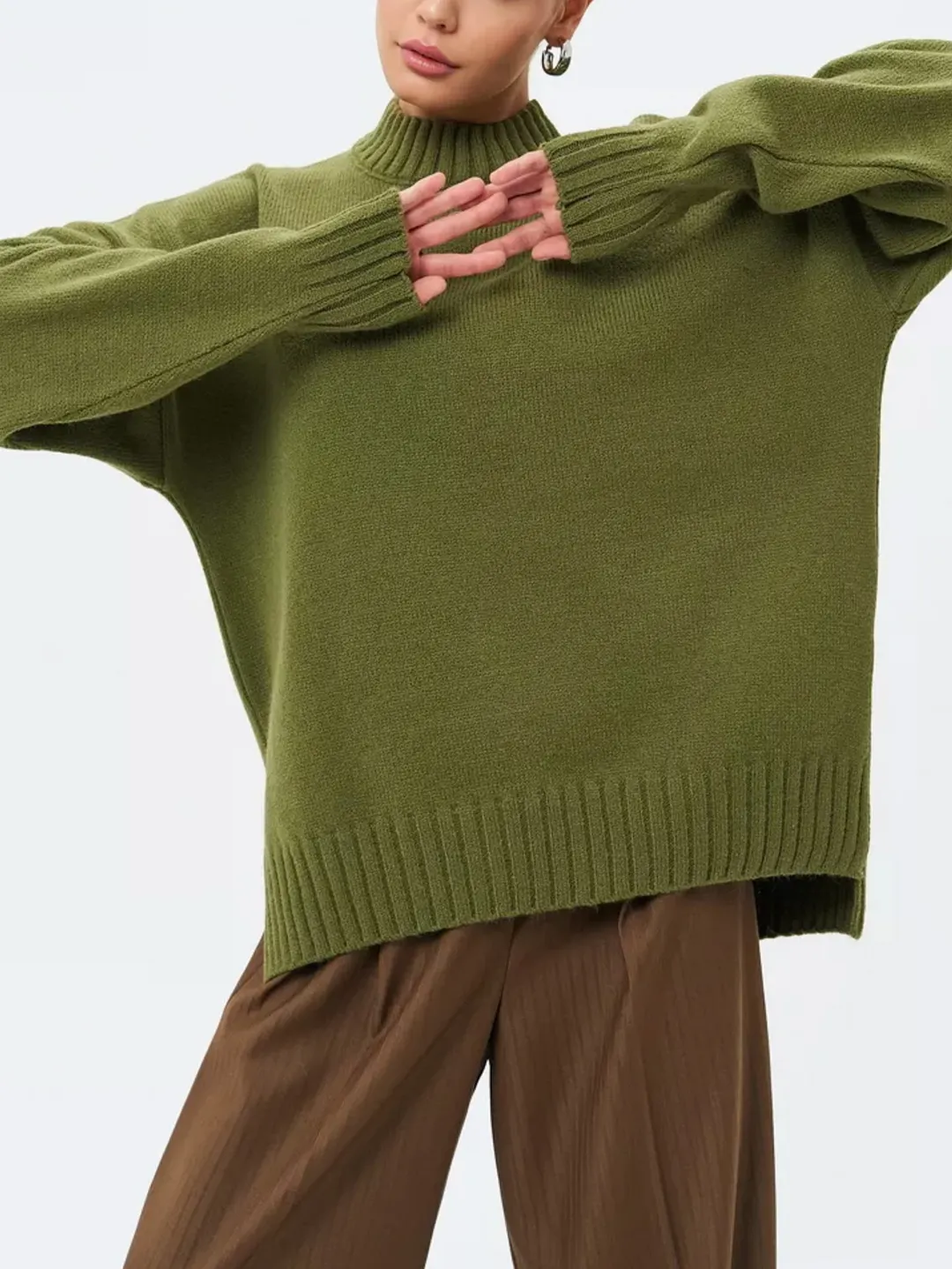Nigikala Nigikala And Winter Half-High Collar Thread Sweater Solid Color Cover Loose Casual Knitwear