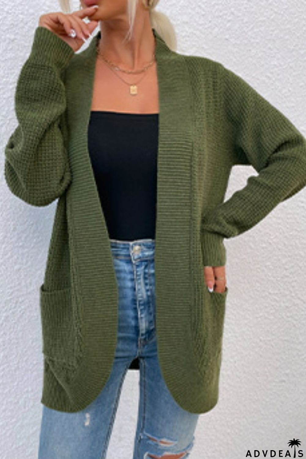 Open Front Rib-Knit Cardigan with Pockets