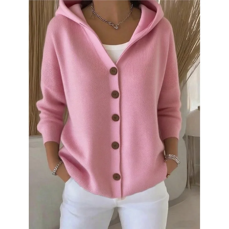 Athvotar Athvotar Knitted Hooded Sweater Button Open Shirt Jacket Autumn And Winter New Solid Color Casual Fashion Sweater