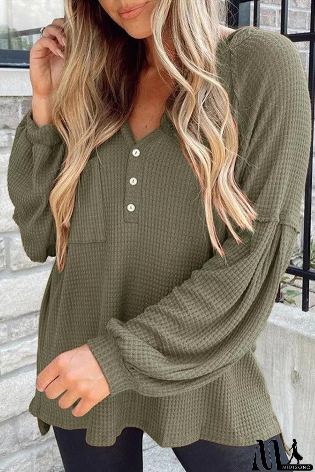 MidiSono - Puff Sleeve Side Slit Buttoned Waffle Knit Hoodie