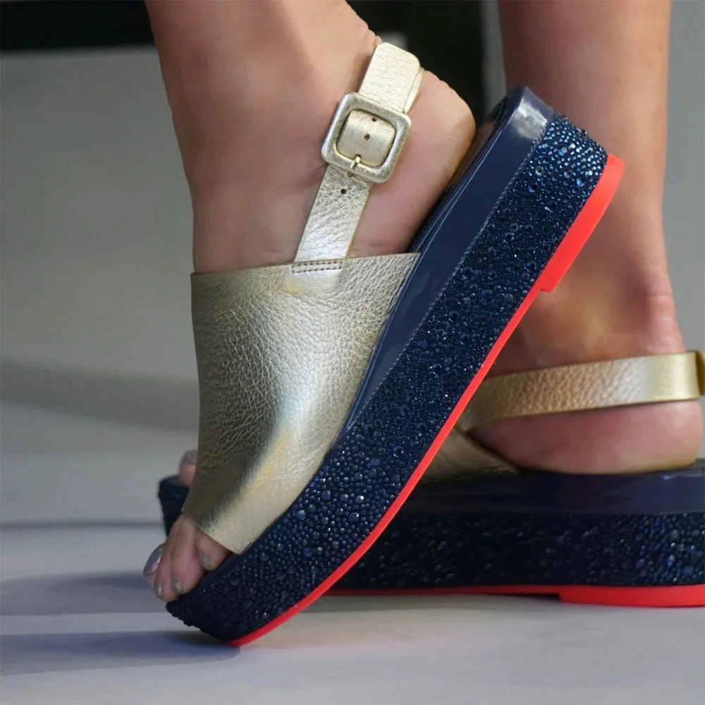 Gold Peep Toe Rhinestone Wedge Heel Platform Sandals with Buckle