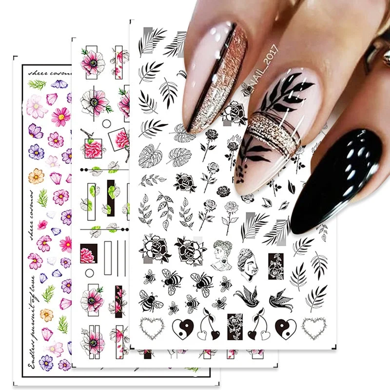 1PC 3D Nail Stickers Flowers Leaves Self-Adhesive Slider Letters Nail Art Decorations Love Heart Decals Manicure Accessories-Nail Inspo