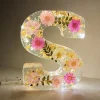 Veilleuse LED avec lettres imprim&eacute;es de fleurs s&eacute;ch&eacute;es en r&eacute;sine