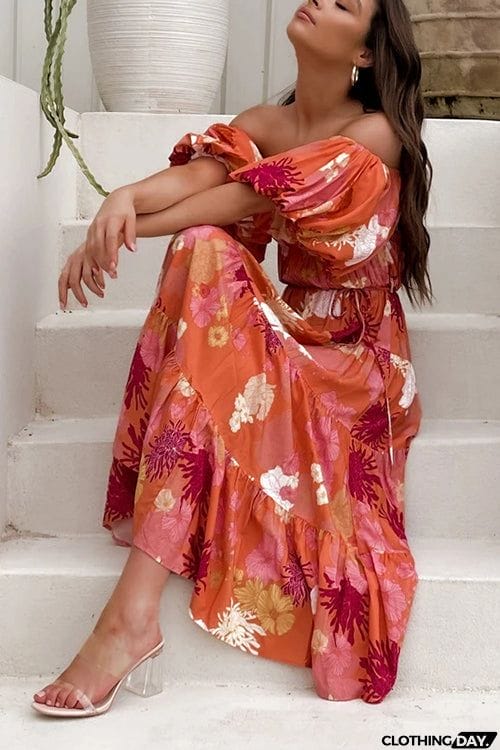 Floral Off Shoulder Shirring Maxi Dress
