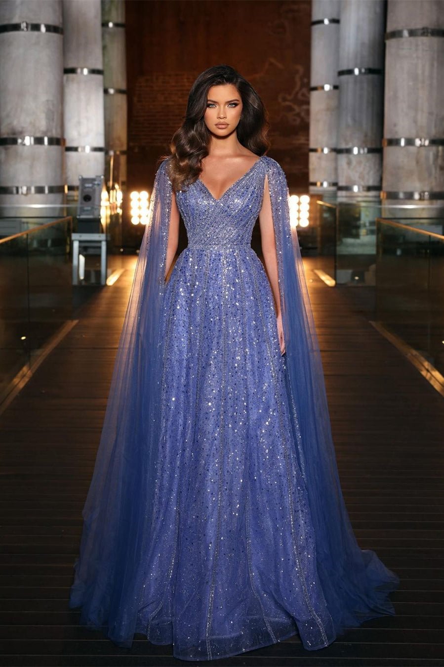 Pretty Royal Blue Tulle Long Beadings Evening Dress Sequins With Ruffles | Ballbellas Ballbellas