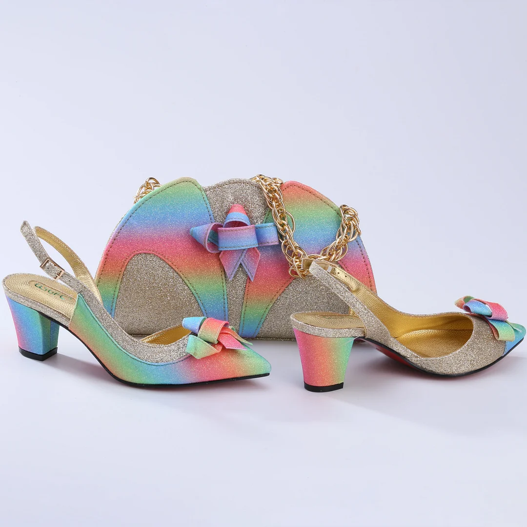 QSGFC  2022 New Arrival Fashion Rose Gold Elegant Party Wedding Ladies Shoes and Bag Set in Synthetic Flash Material