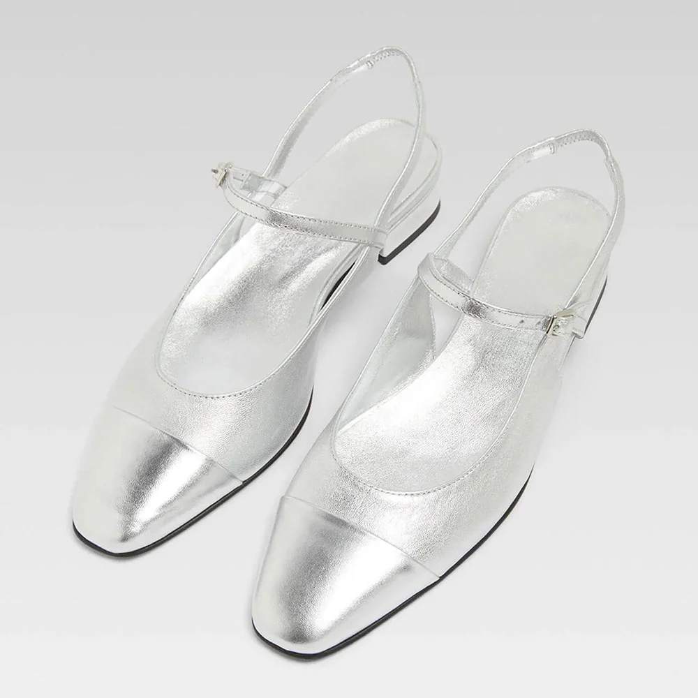 Comfy Silver Square Toe Flat Mary Jane Slingback Shoes with Buckle