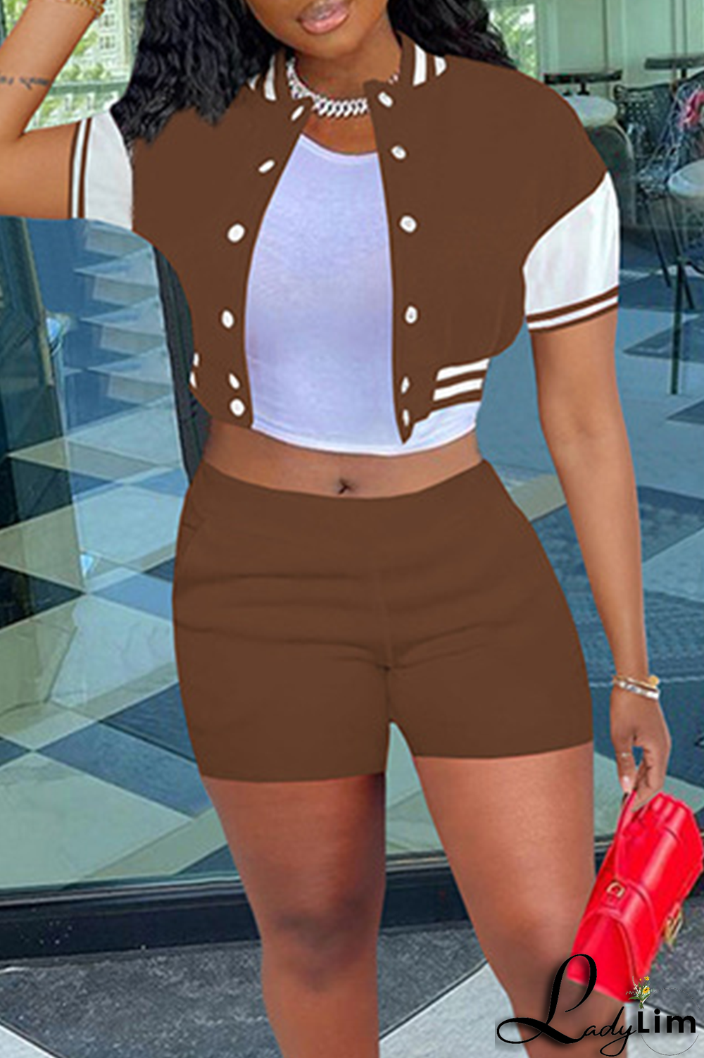 Coffee Casual Solid Split Joint Short Sleeve Two Pieces