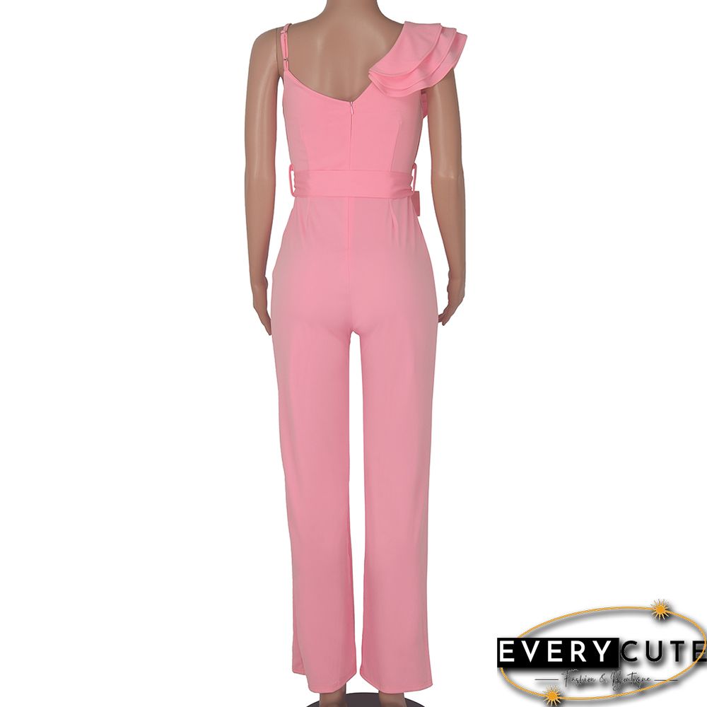 Pink Ruffle One Shoulder Sleeveless V Neck Jumpsuit