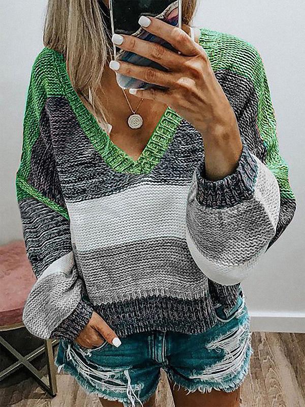 Women's Knitted Long Sleeve V-neck Sweater Top