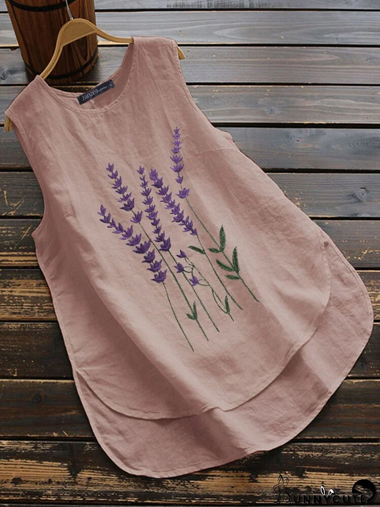 Embroidery Lavenders O-neck Asymmetrical Plus Size Tank Top