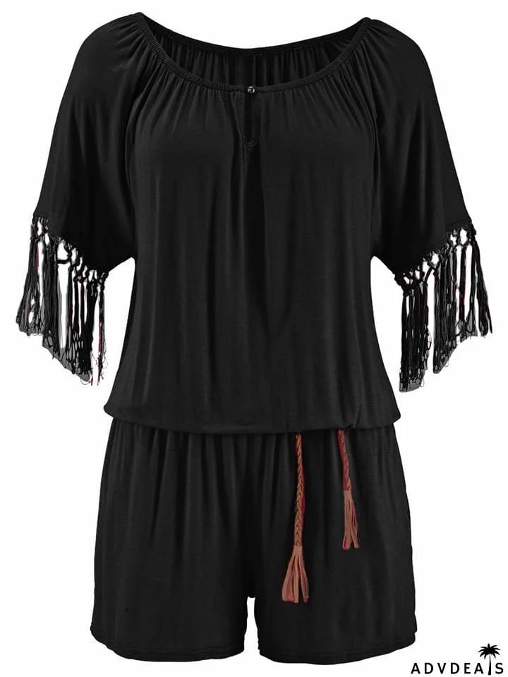 Stylish Off Shoulder Tassel Half Sleeve Pocket Rompers