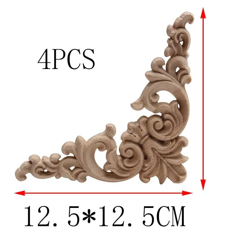 4PCS Unpainted Wooden Mouldings Decal European Wood Appliques for Furniture Cabinet New Flower Wood Carving Decorative Figurine