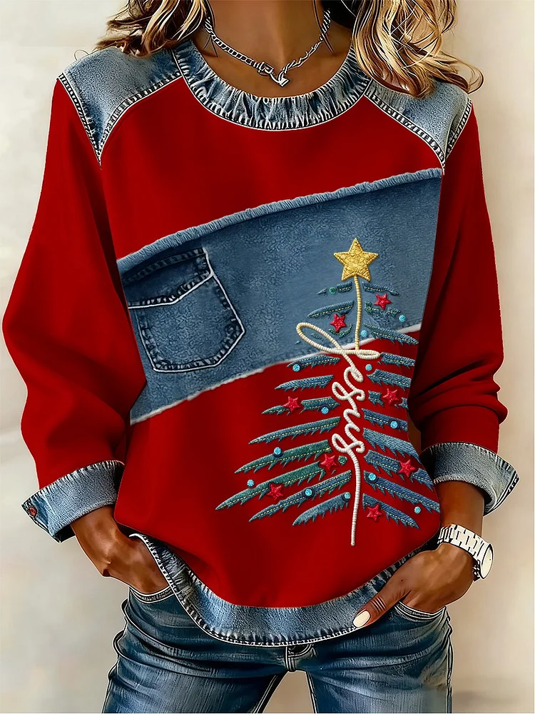 Women's Casual Retro Faith Christmas Tree Sweatshirt 