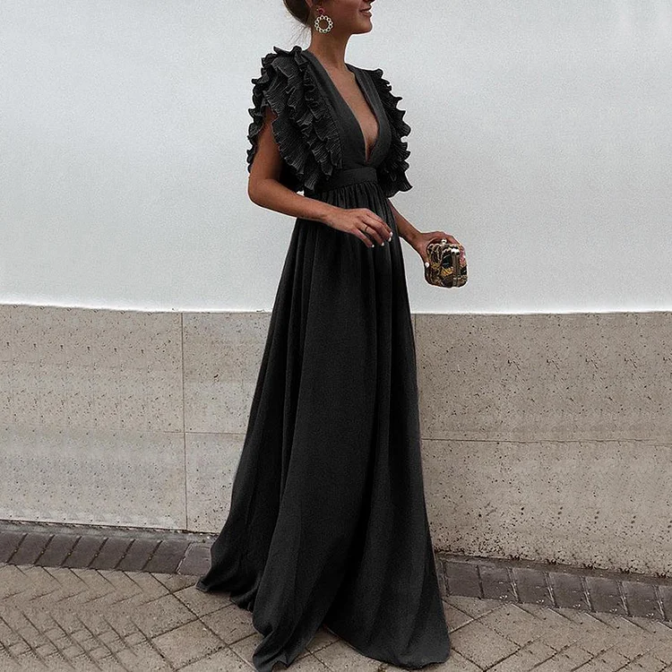 V-Neck Elegant Ruffle Sleeve Maxi Dress
