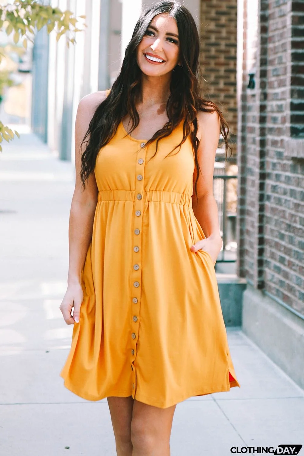 Buttons Sleeveless High Waist Mini Dress