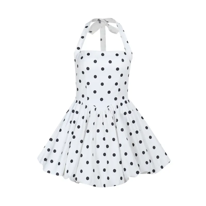 Women's Halter Black White Polka Dot Fit Flare Swing Mini Dress