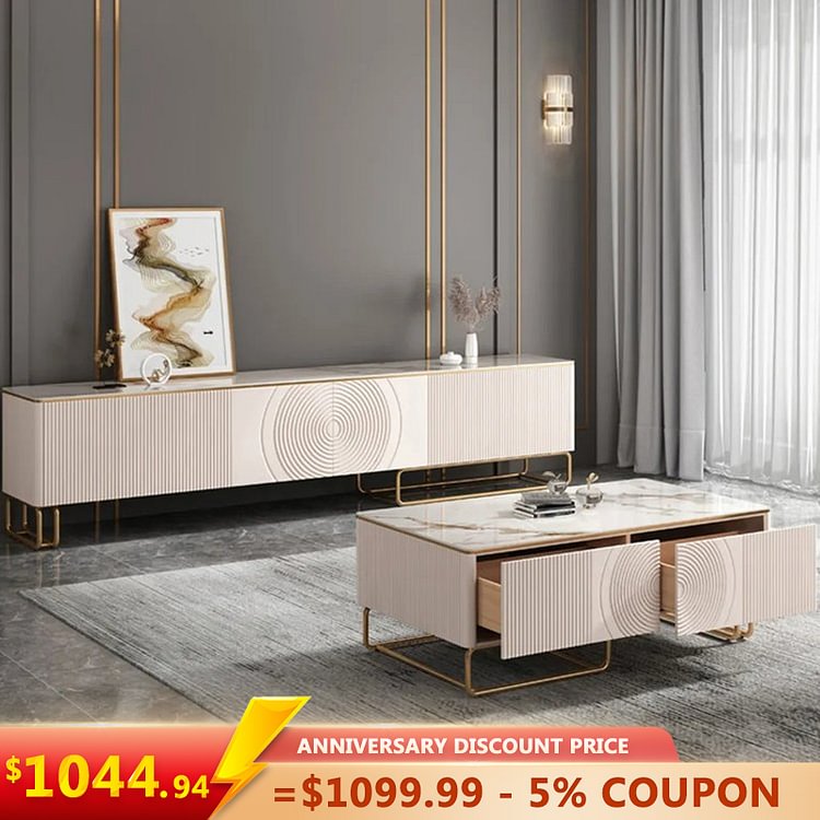 Homemys Modern Ribbed Coffee Table with 4 Drawers, White Stone Tabletop, Gold Stainless Steel Legs