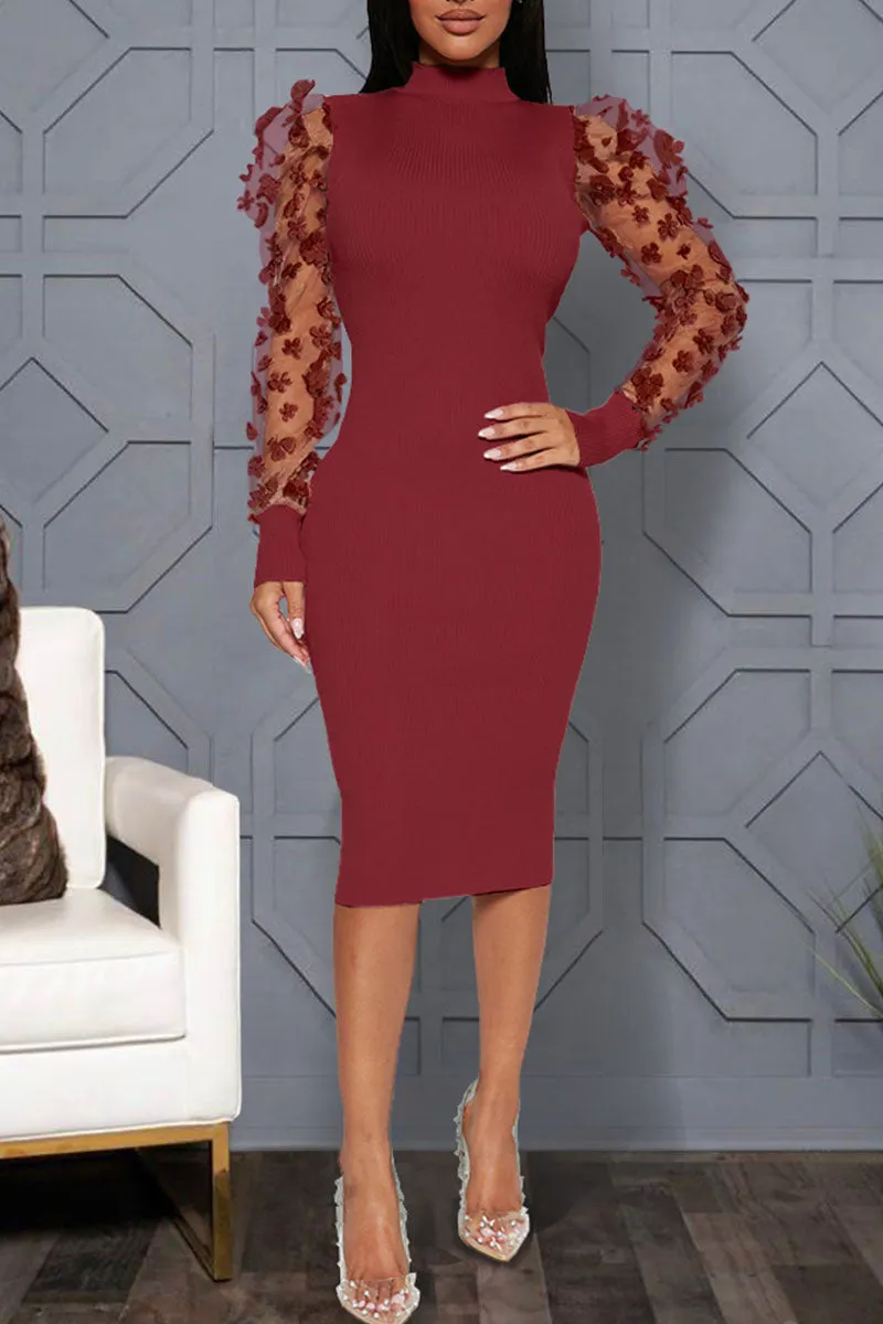 Sexy Solid See-through Mesh Half A Turtleneck Pencil Skirt Dresses