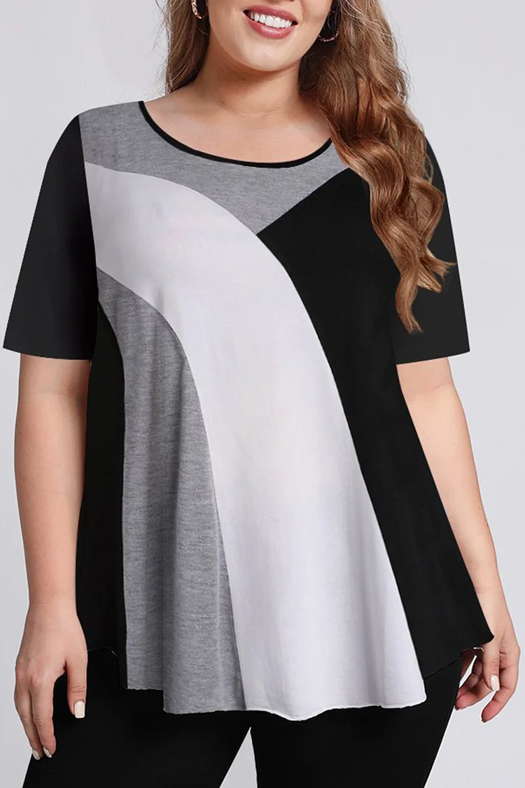 Flycurvy Plus Size Casual Black Colorblock Round Neck Short Sleeve T-Shirt  Flycurvy [product_label]