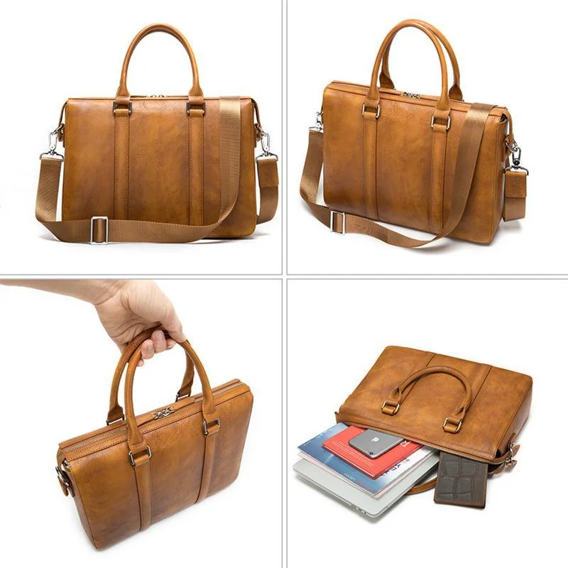 Retro Leather Handbag Fashion Business 14 Inch Computer Bag Crossbody Bag