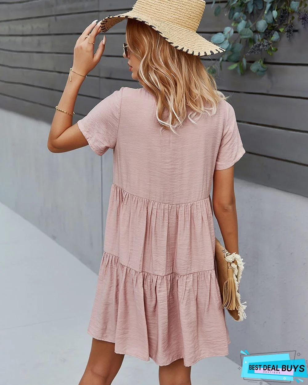 Women's Solid Color Dress Spring and Summer Short Sleeve Cotton Skirt