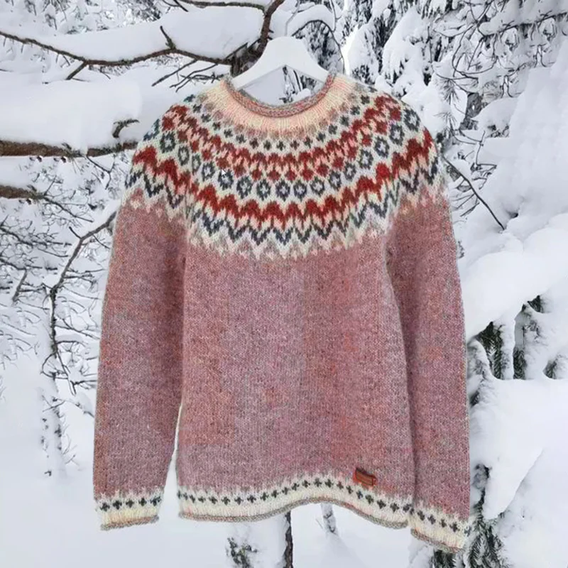 Vintage Icelandic Knit Jacquard Islender Crew Neck Sweater（Unisex）