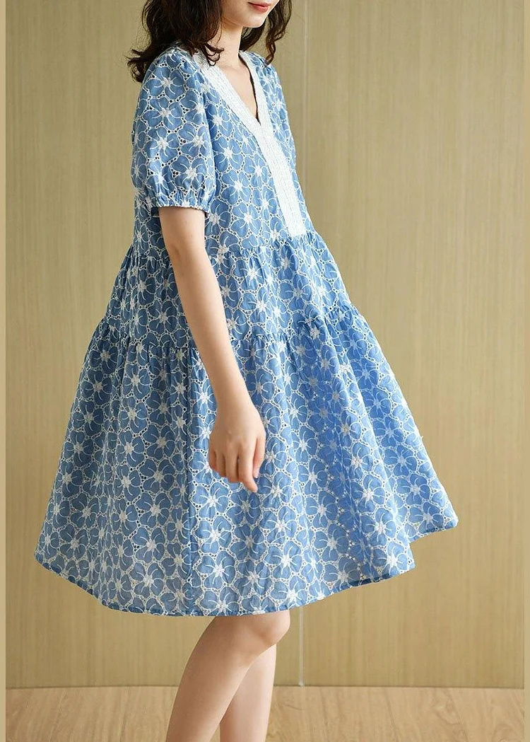 Blue Patchwork V Neck Embroideried Summer Cotton Dress Short Sleeve