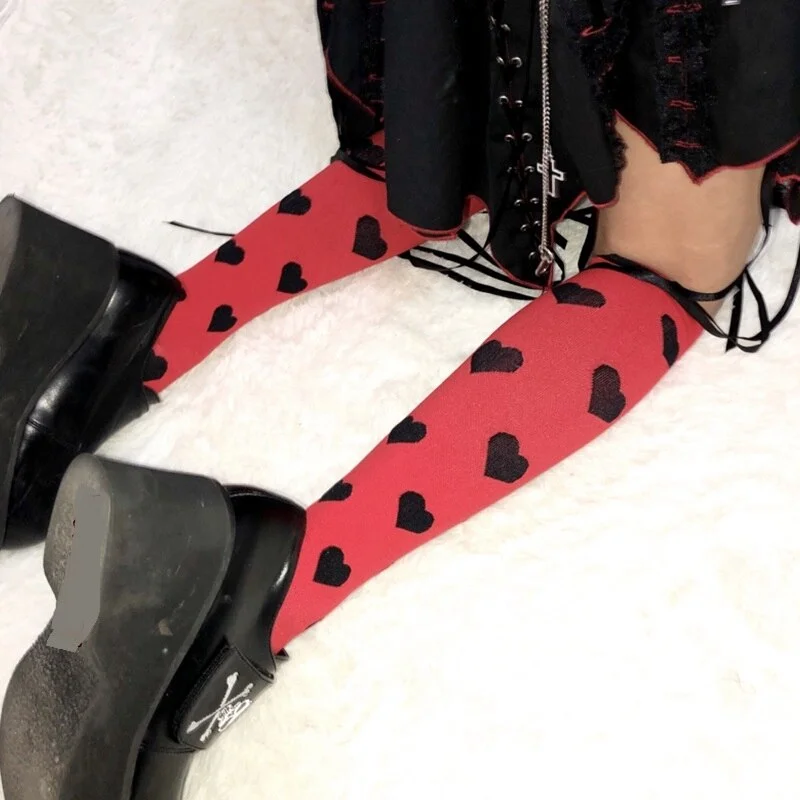Harajuku Punk Black Red Polka Dot / Love Heart Gothic Lolita Knee Socks SS2182