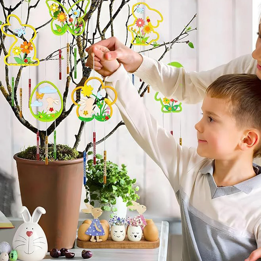 Easter Wind Chime Making Kit Diamond Painting Hanging Pendant Make Your Own 5D DIY Diamond Painting Dots Pendant Wooden Ornaments for Garden Window Decoration