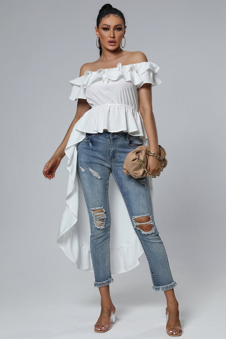 Off Shoulder Ruffled Trailing Midi Dresses