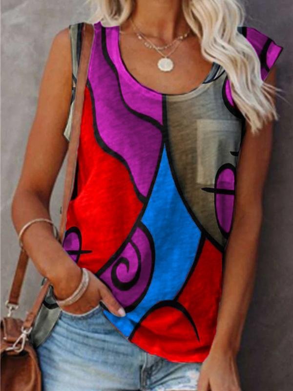 Women Sleeveless Round Neck Abstract Art Printed Tops