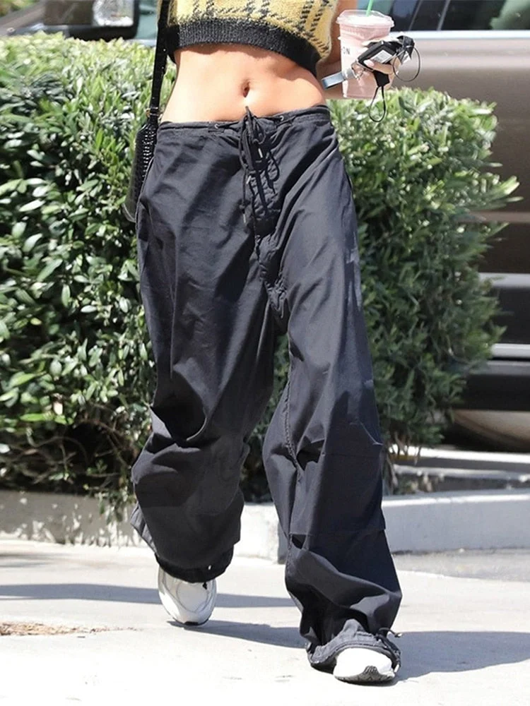 Jacqueline 2022 Summer y2k Blue Cargo Pants Womens Outifit Drawstring Baggy Sexy Crop Top and Low Waist Wid Leg Pant Set Fashion