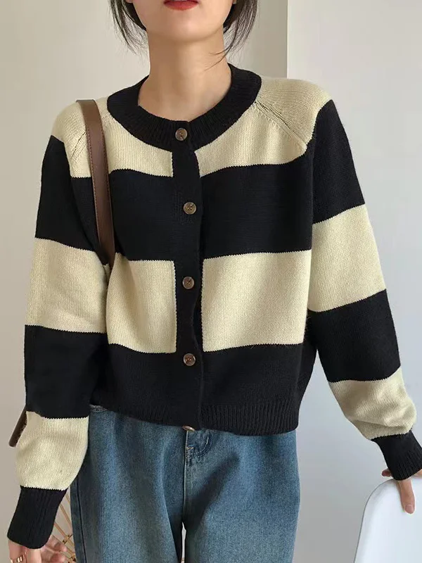 Casual Buttoned Contrast Color Striped Cardigan Tops
